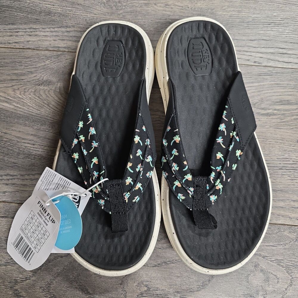 Hey Dude Finn Flip Americana Black Grey Sandals Mens 8 Womens 10 45429-097